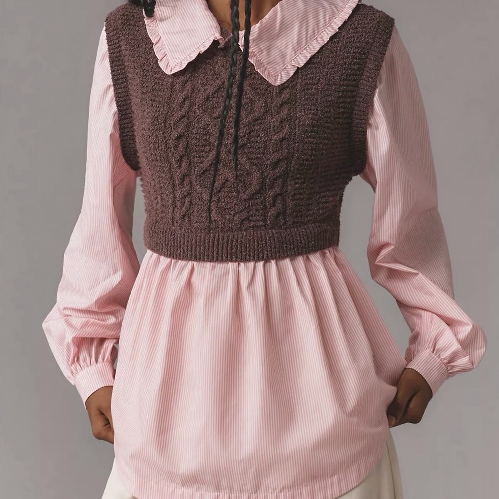 Maeve Chocolate Knit Vest with Blush Blouse